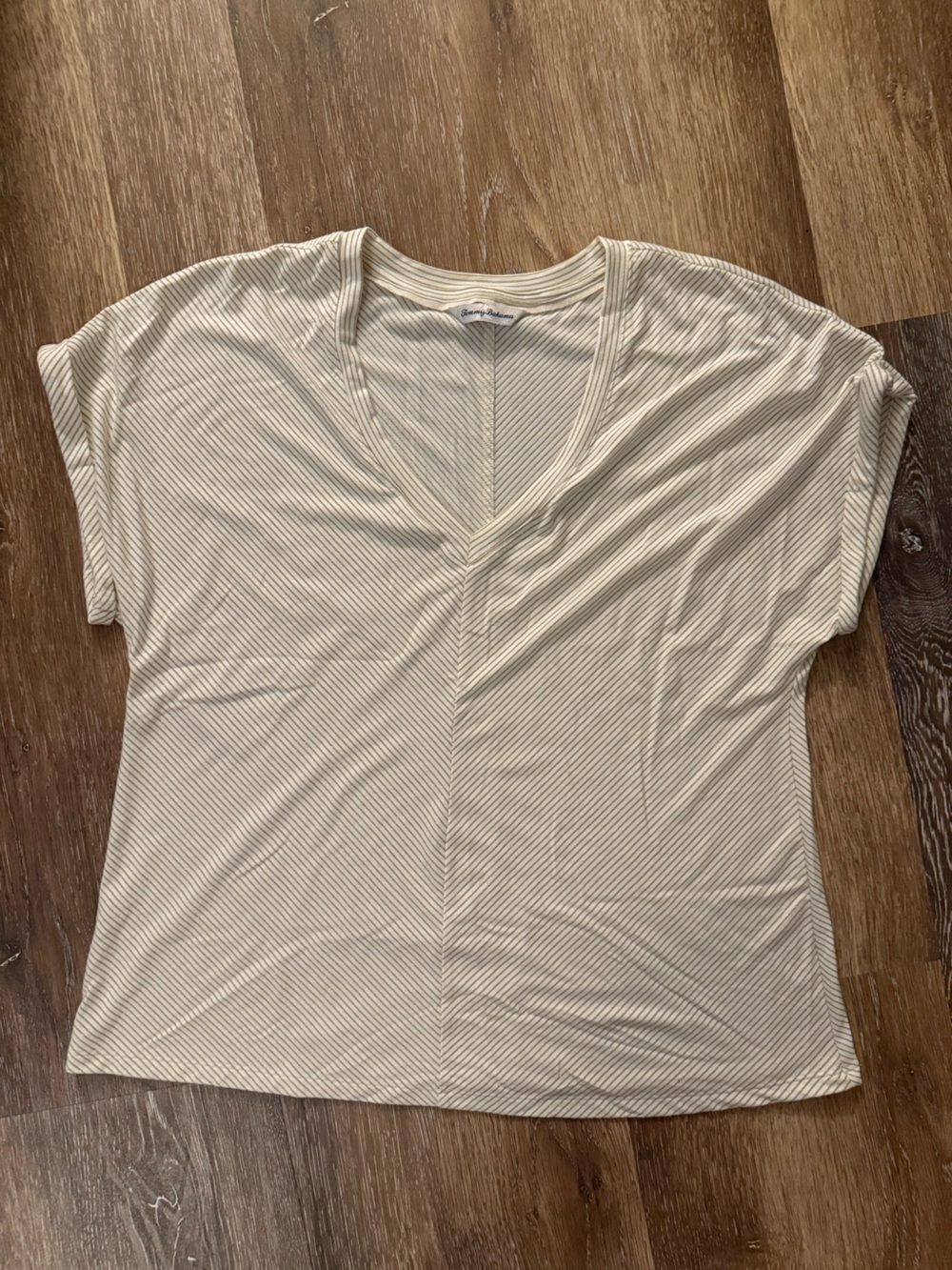 Tommy Bahama Cream and Light Gray Diagonal Stripe V-Neck Tee